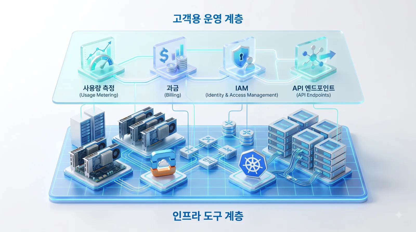인프라 도구 계층 위에 사용량 측정, 과금, IAM, API 엔드포인트로 이루어진 고객용 운영 계층이 놓인 구조.