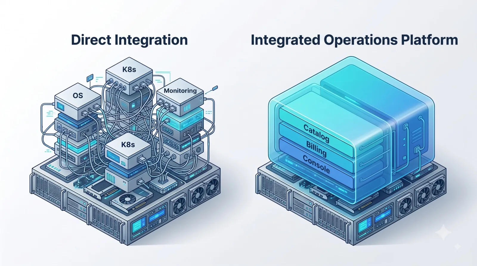 Direct integration, with OS, K8s, and monitoring components wired together by hand, compared with an integrated operations platform that bundles catalog, billing, and console into one layer.