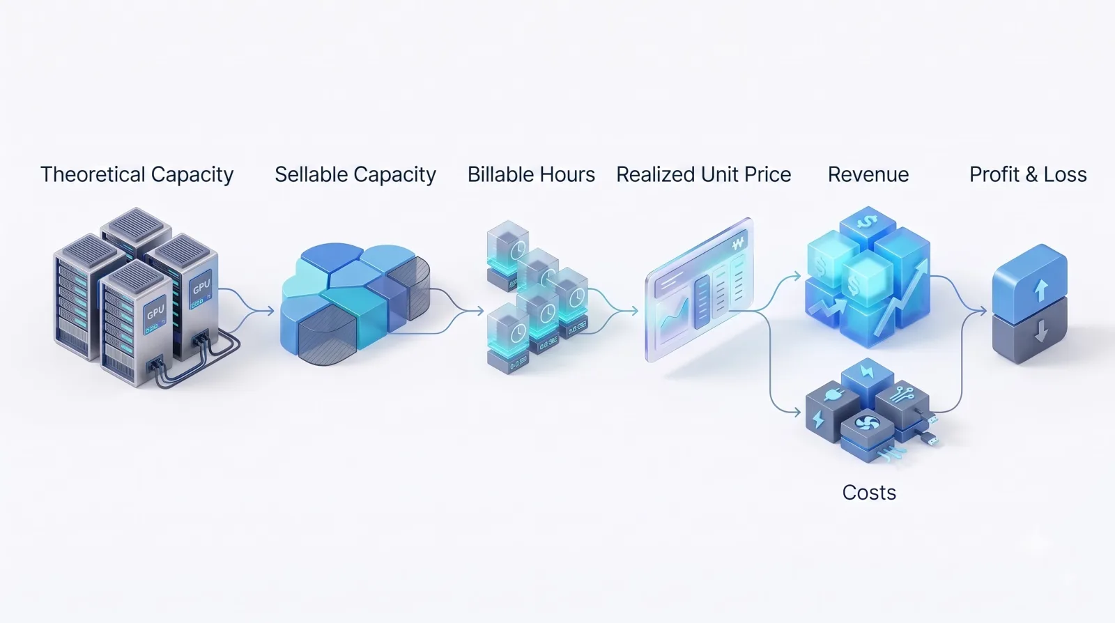 Theoretical capacity flows into saleable capacity, billable time, and effective price; revenue and cost then lead to profit or loss.