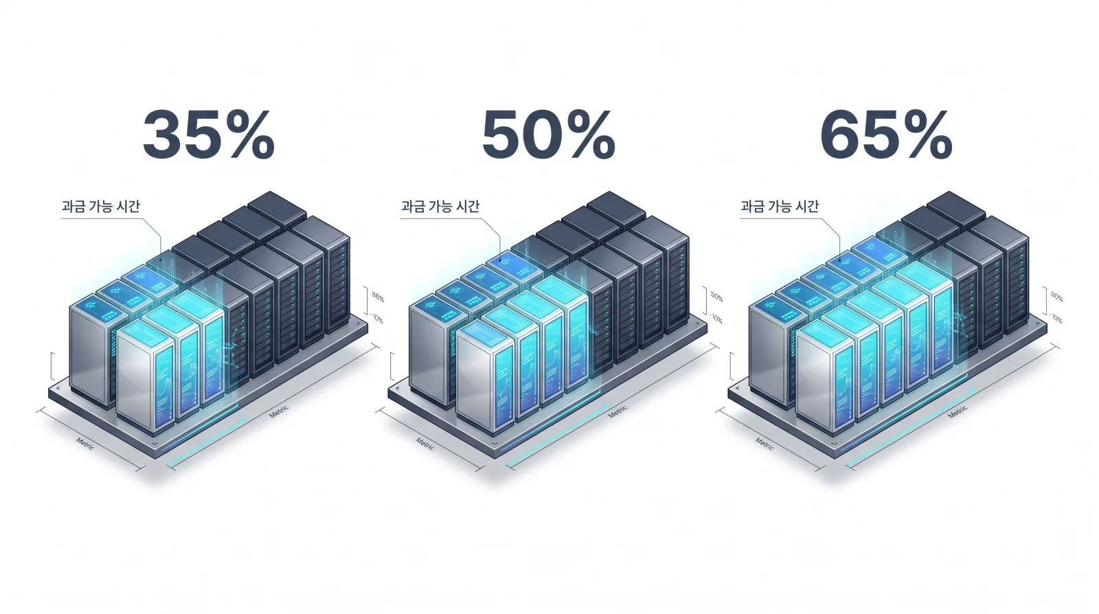 같은 GPU 서버 구성에서 과금 가능 시간 비율이 35%, 50%, 65%인 세 가지 시나리오.