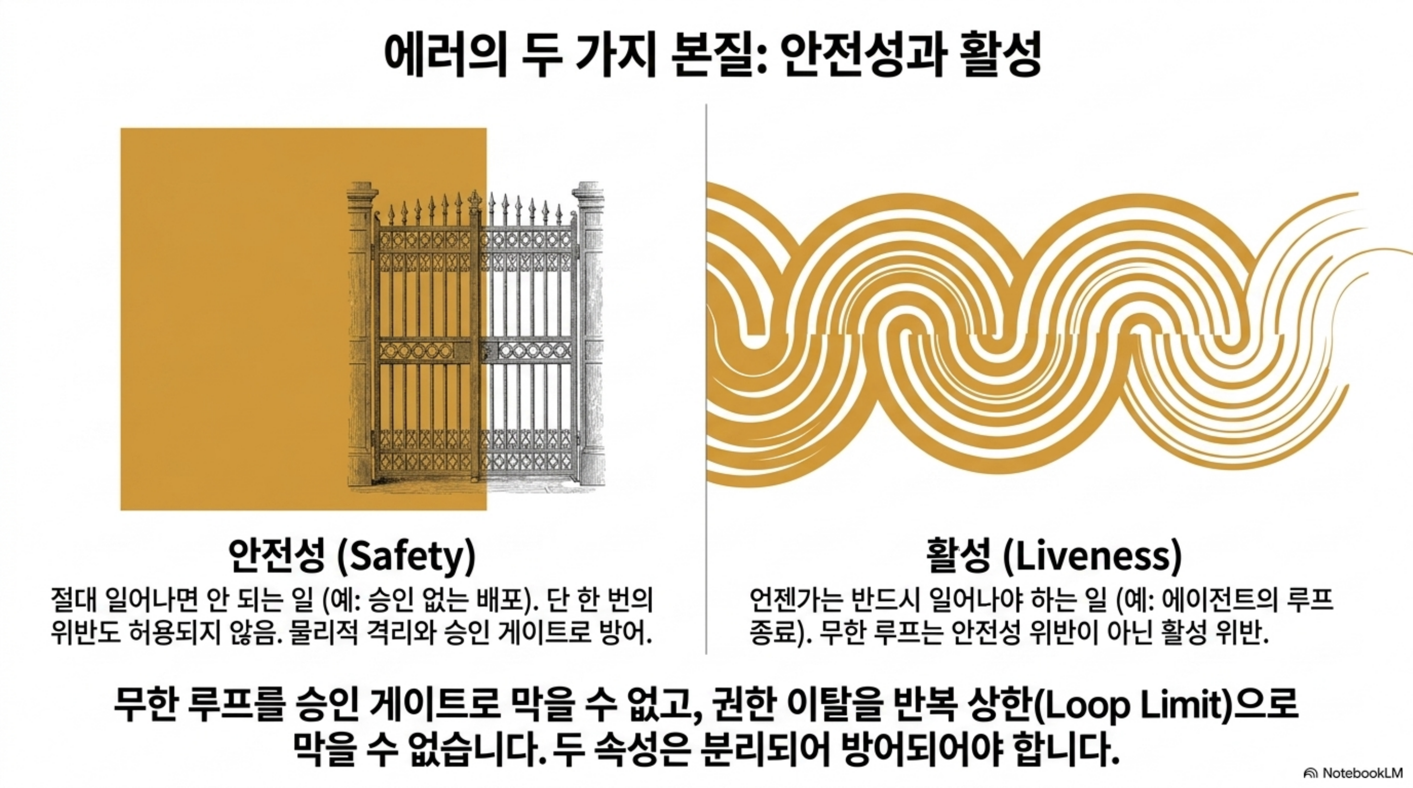 안전성과 활성을 나란히 비교하고 각각을 서로 다른 방식으로 방어해야 함을 보여주는 슬라이드
