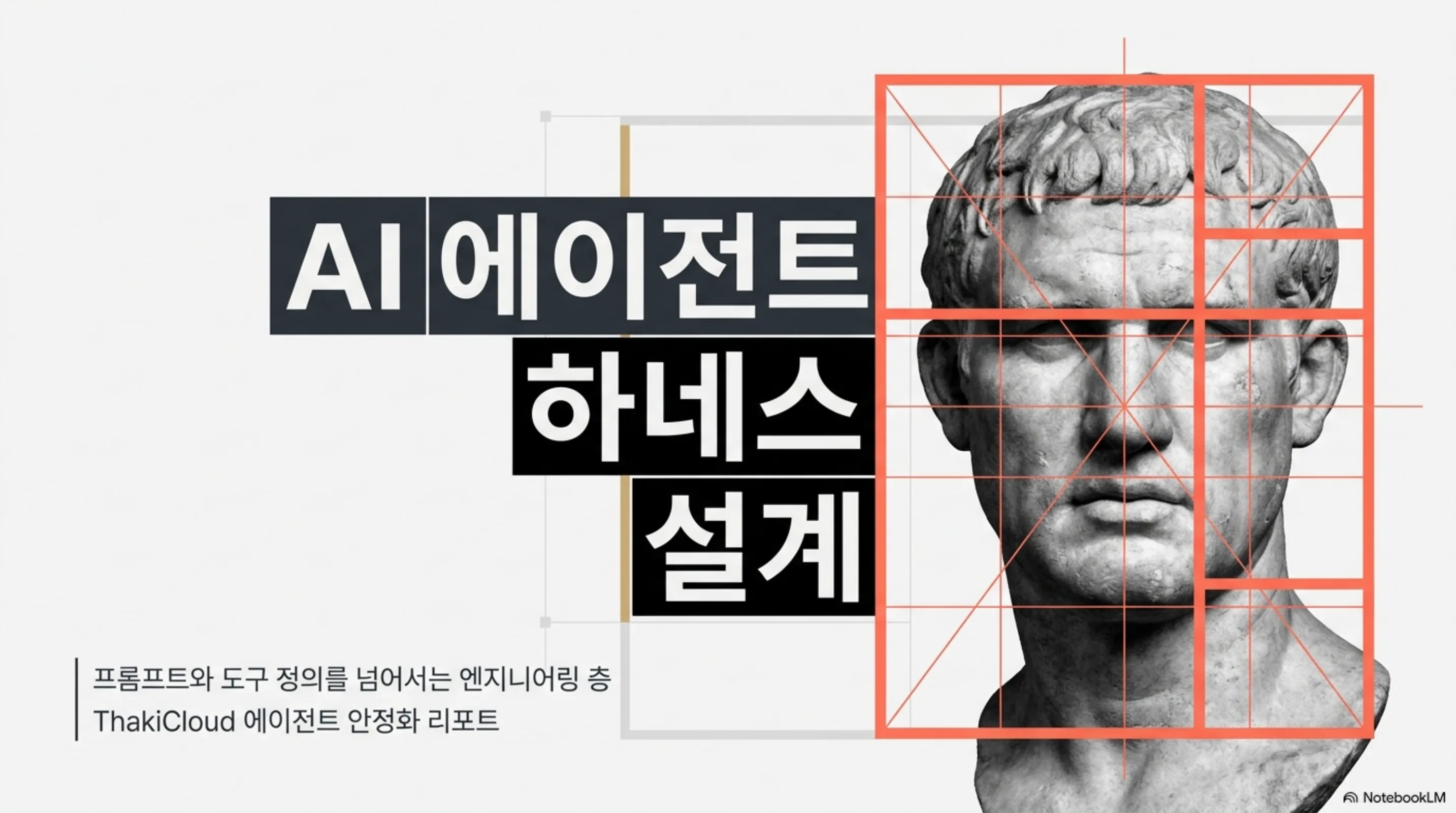 주황색 기하학 격자선이 겹쳐진 석상 두상과 AI 에이전트 하네스 설계 제목 텍스트