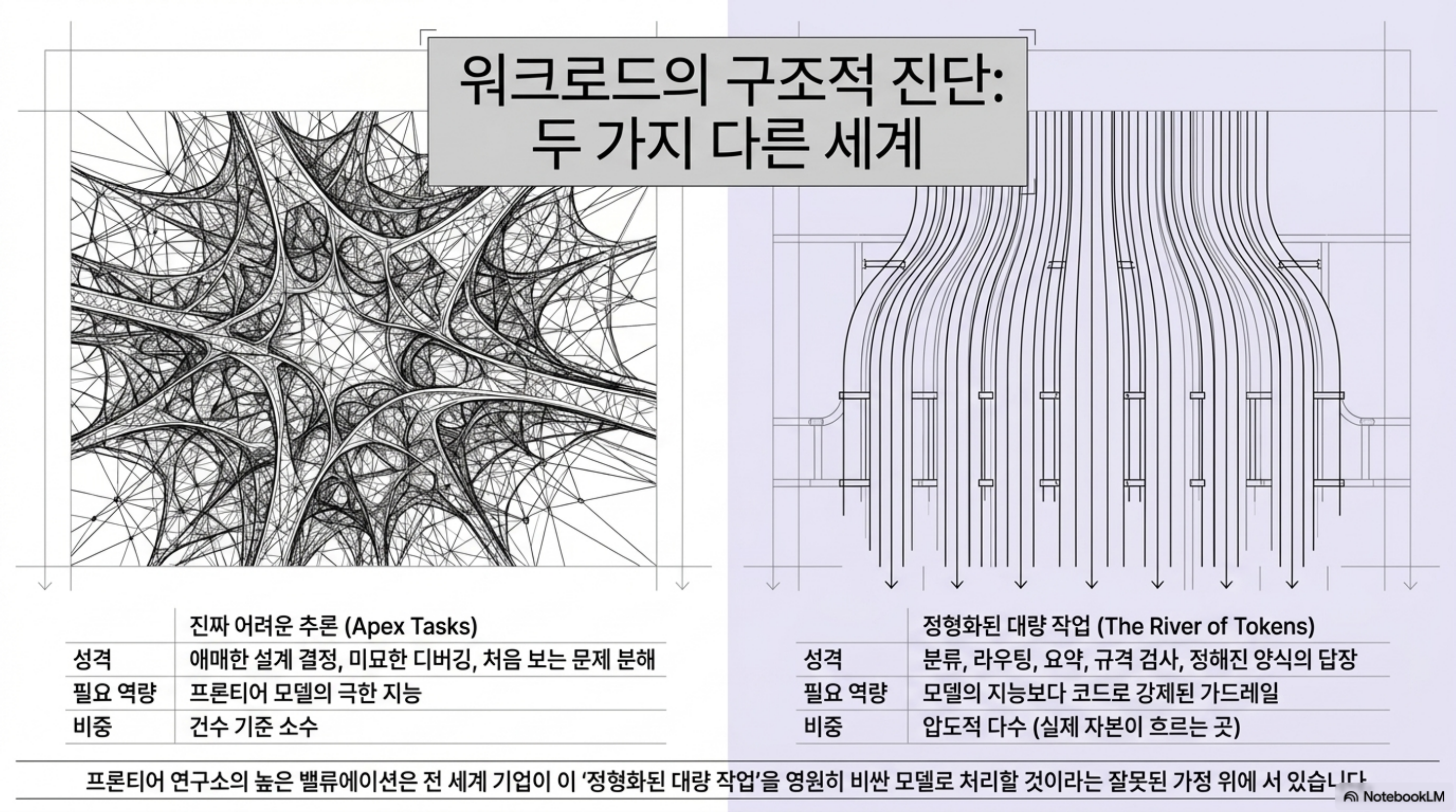 워크로드를 어려운 추론과 정형화된 대량 작업이라는 두 세계로 나눈 구조적 진단 슬라이드