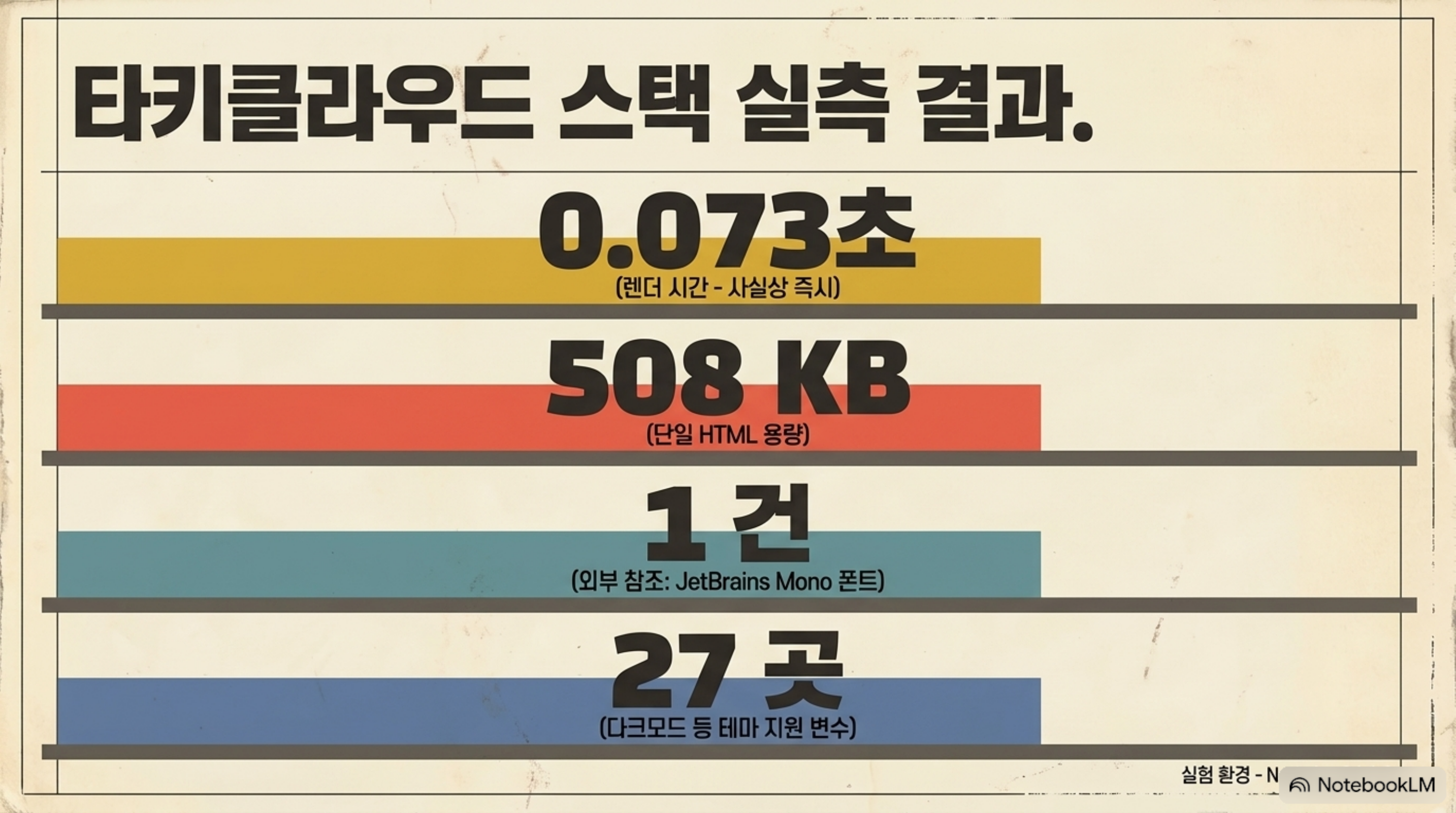 다키클라우드 스택 실측 결과: 렌더 0.073초, 단일 HTML 508KB, 외부 참조 1건, 테마 변수 27곳