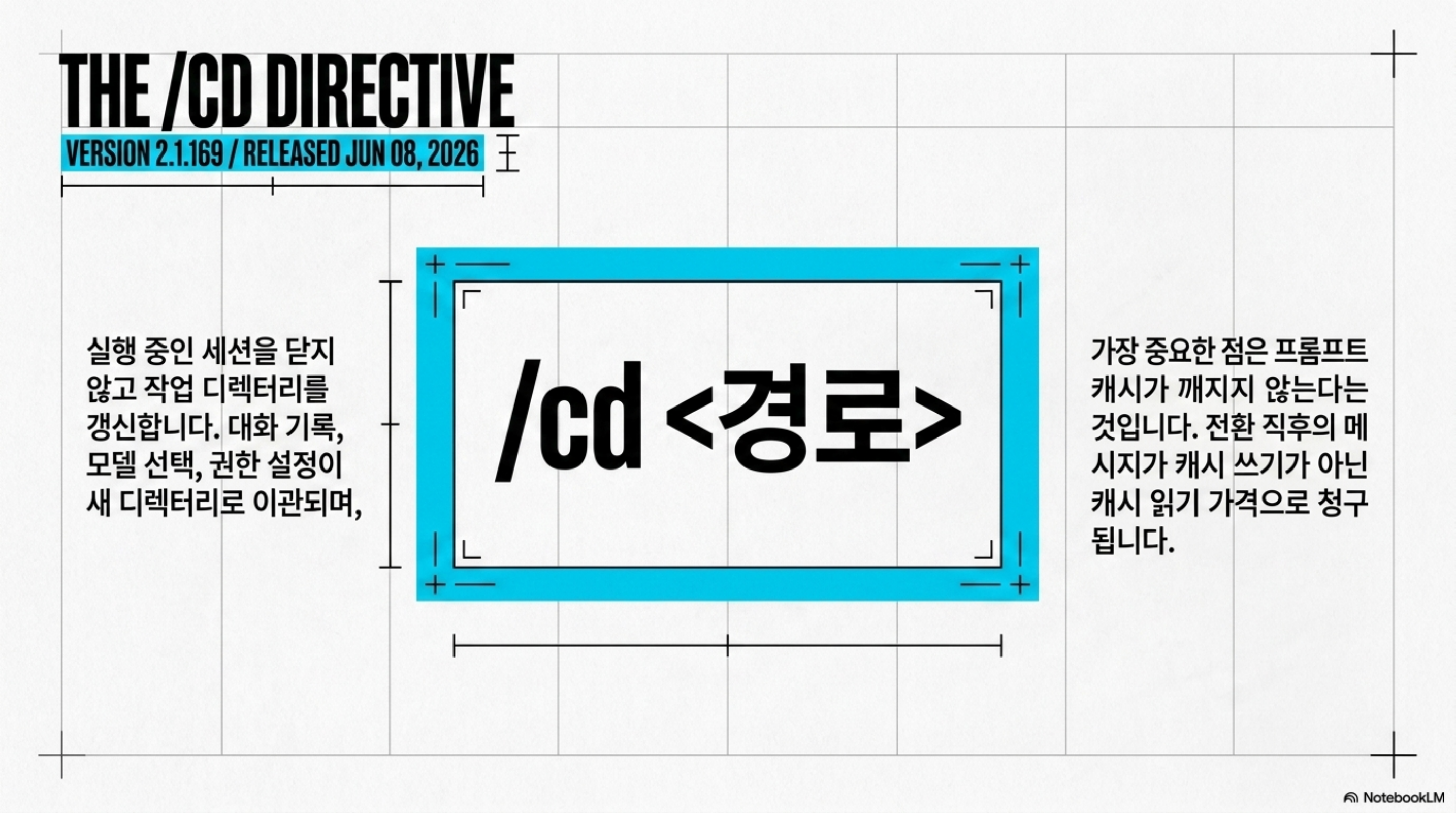 /cd 명령은 v2.1.169에서 도입되었으며, 실행 중인 세션을 닫지 않고 작업 디렉터리만 갱신하면서 캐시를 읽기 가격으로 유지합니다