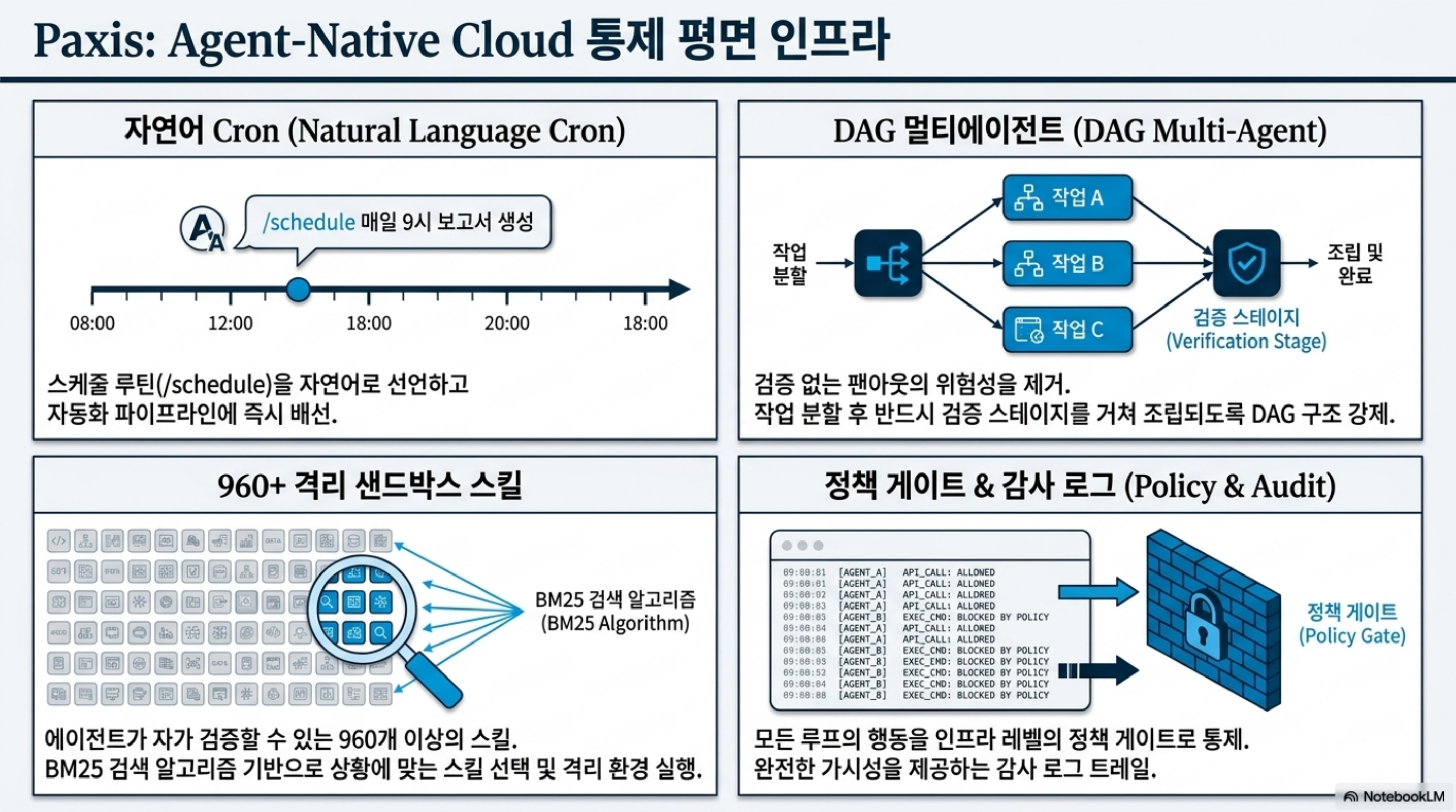 자연어 Cron, DAG 멀티에이전트, 960개 이상 격리 샌드박스 스킬, 정책 게이트와 감사 로그로 구성된 Paxis 통제 평면