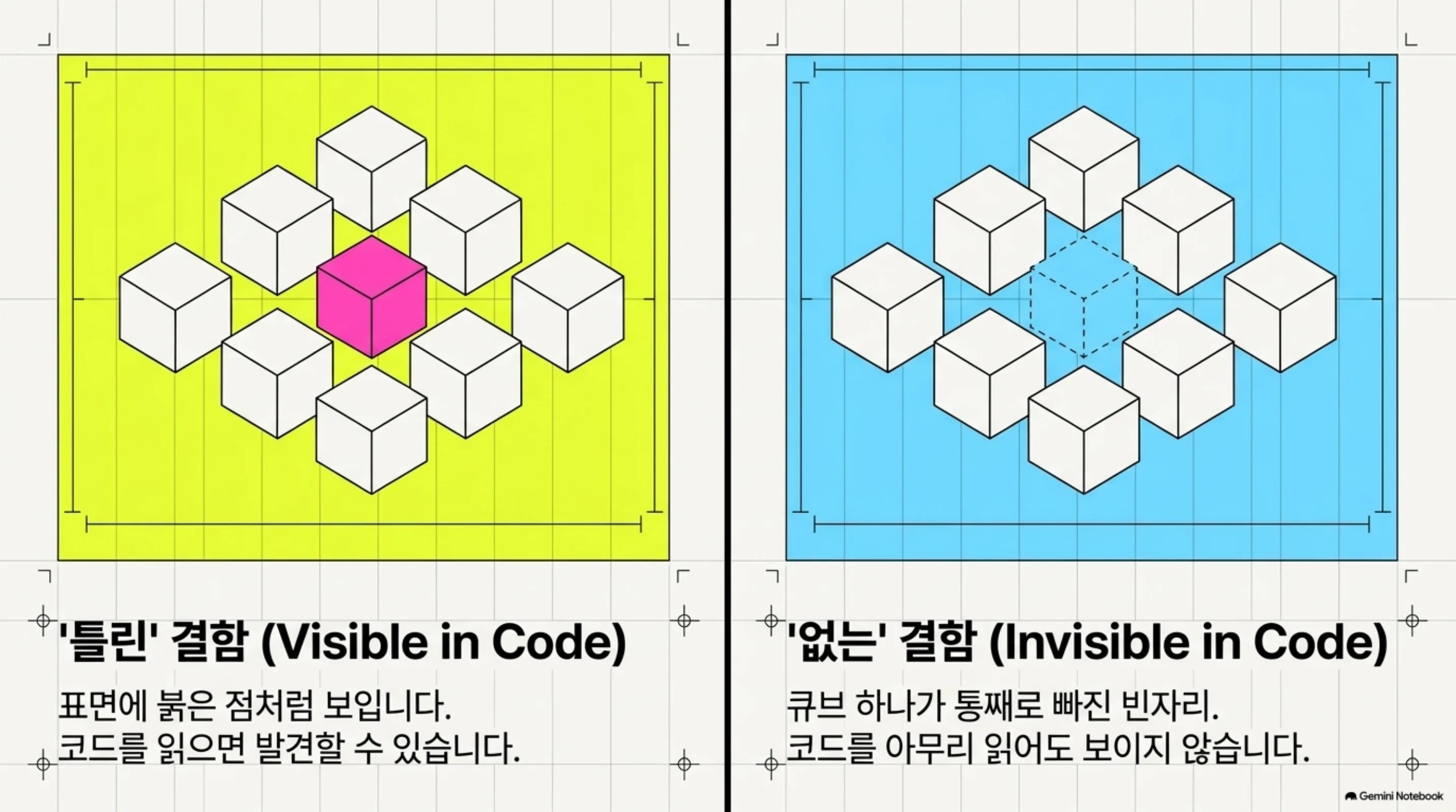 코드에서 보이는 틀린 결함과 코드에서 보이지 않는 결함을 입체 큐브로 비교한 다이어그램