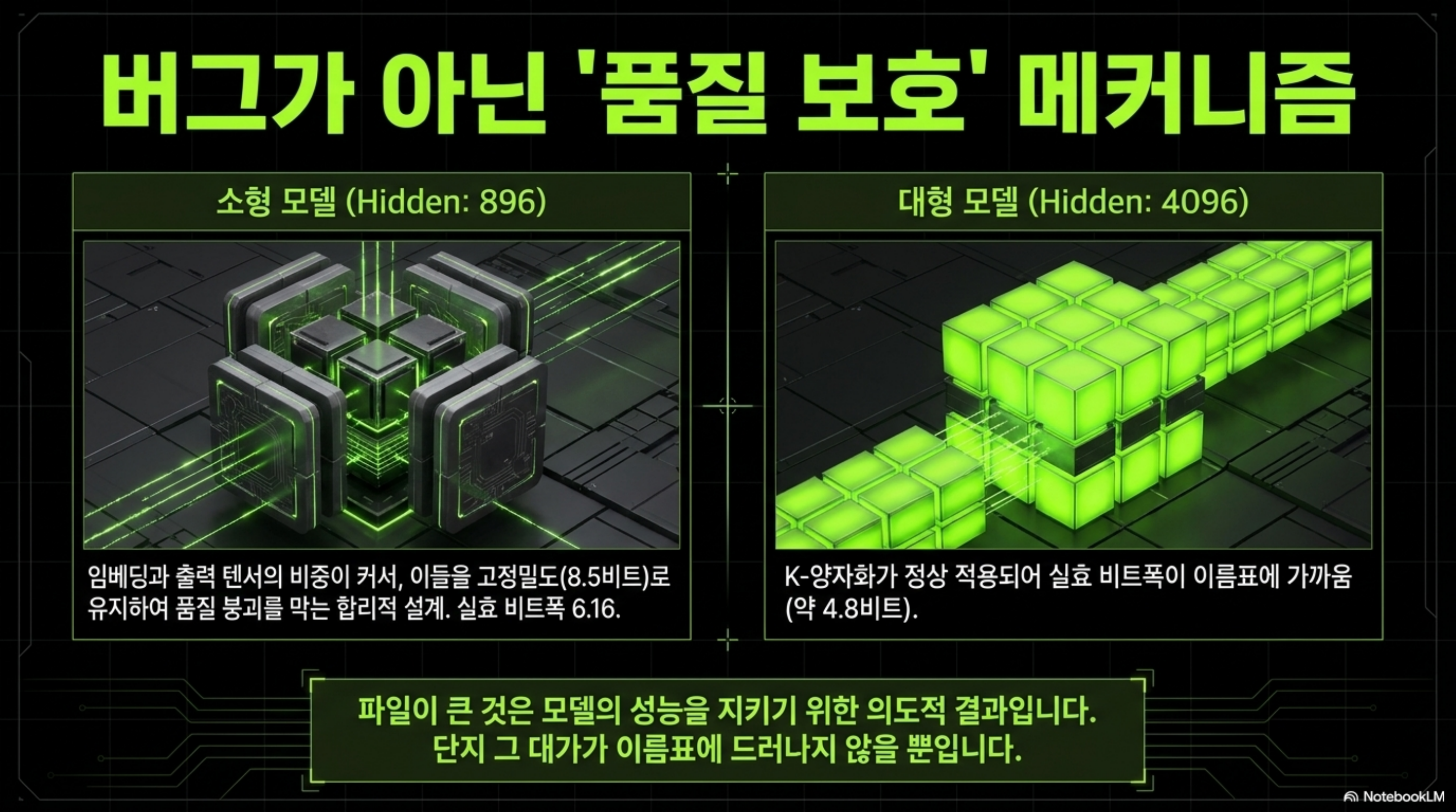 히든 사이즈 896인 소형 모델은 실효 비트폭이 6.16으로 튀지만 히든 사이즈 4096인 대형 모델은 K-양자화가 정상 적용돼 약 4.8비트로 이름표에 가깝다는 것을 대비한 슬라이드