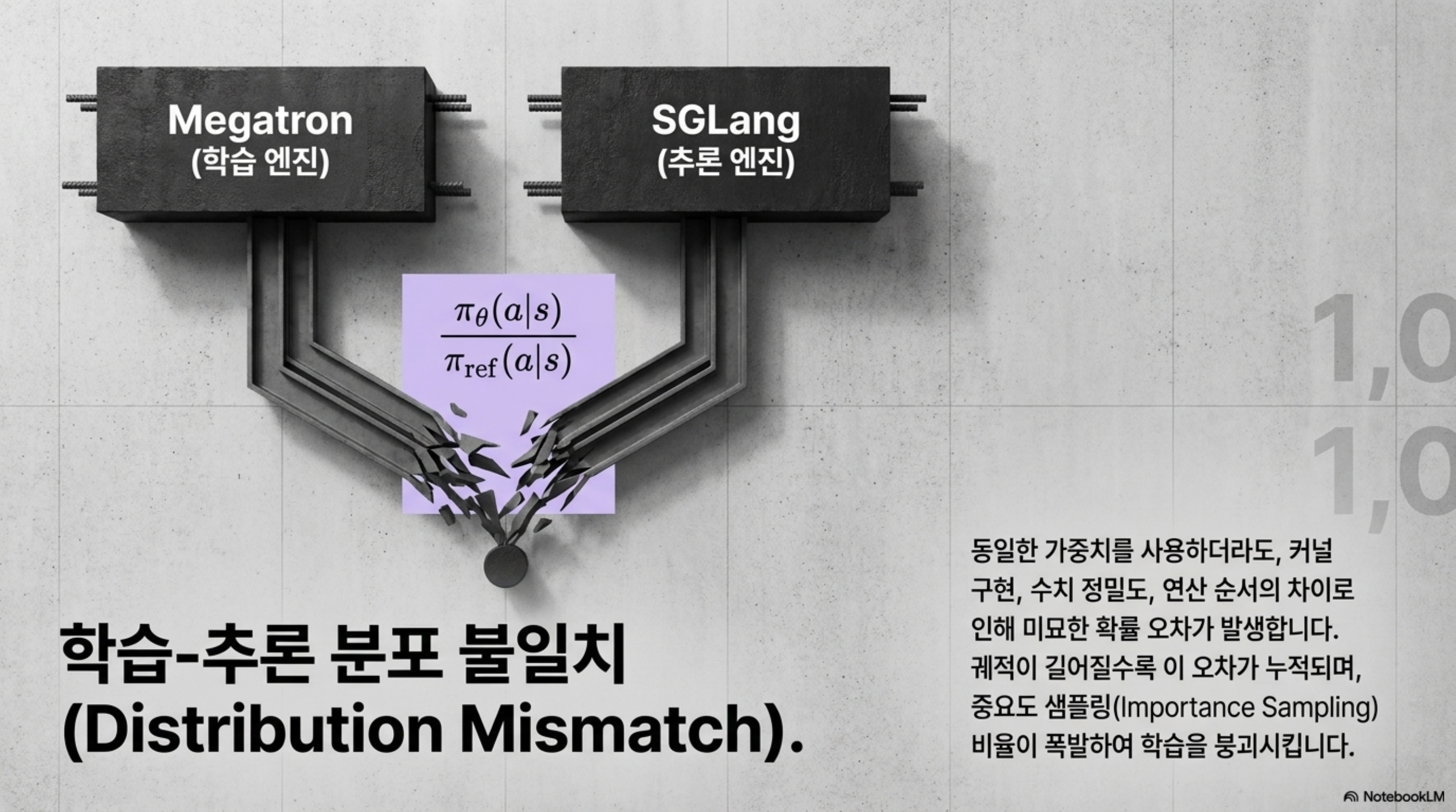 학습 엔진 Megatron과 추론 엔진 SGLang의 확률 차이로 중요도 비율이 폭발하는 학습-추론 분포 불일치