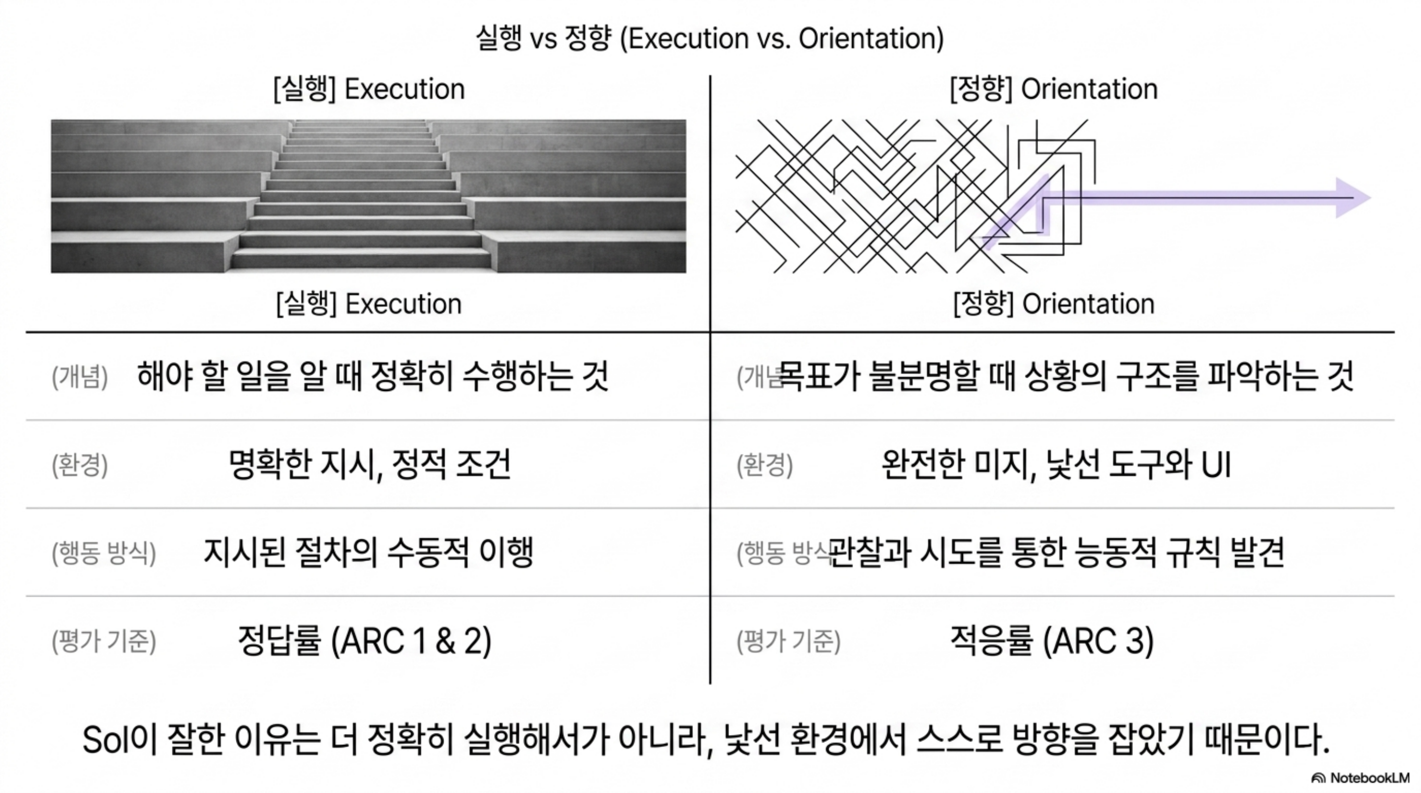 실행과 정향의 개념·환경·행동 방식·평가 기준을 좌우로 대비한 비교 도표