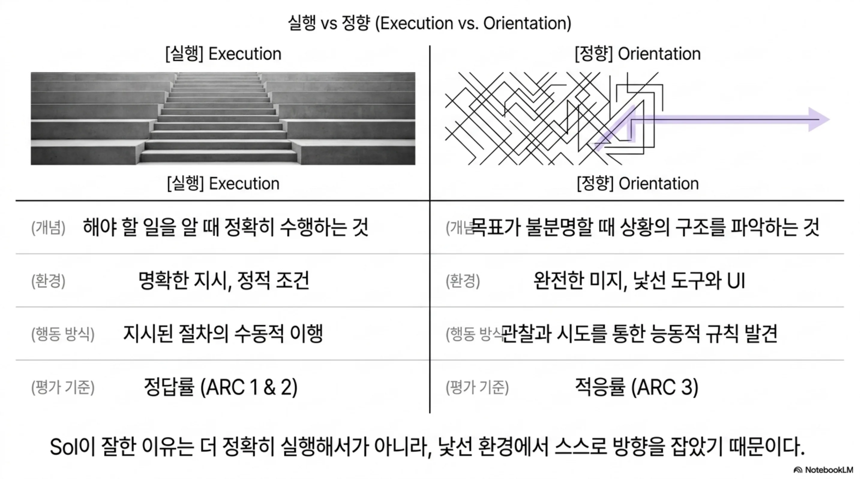 실행과 정향의 개념·환경·행동 방식·평가 기준을 좌우로 대비한 비교 도표