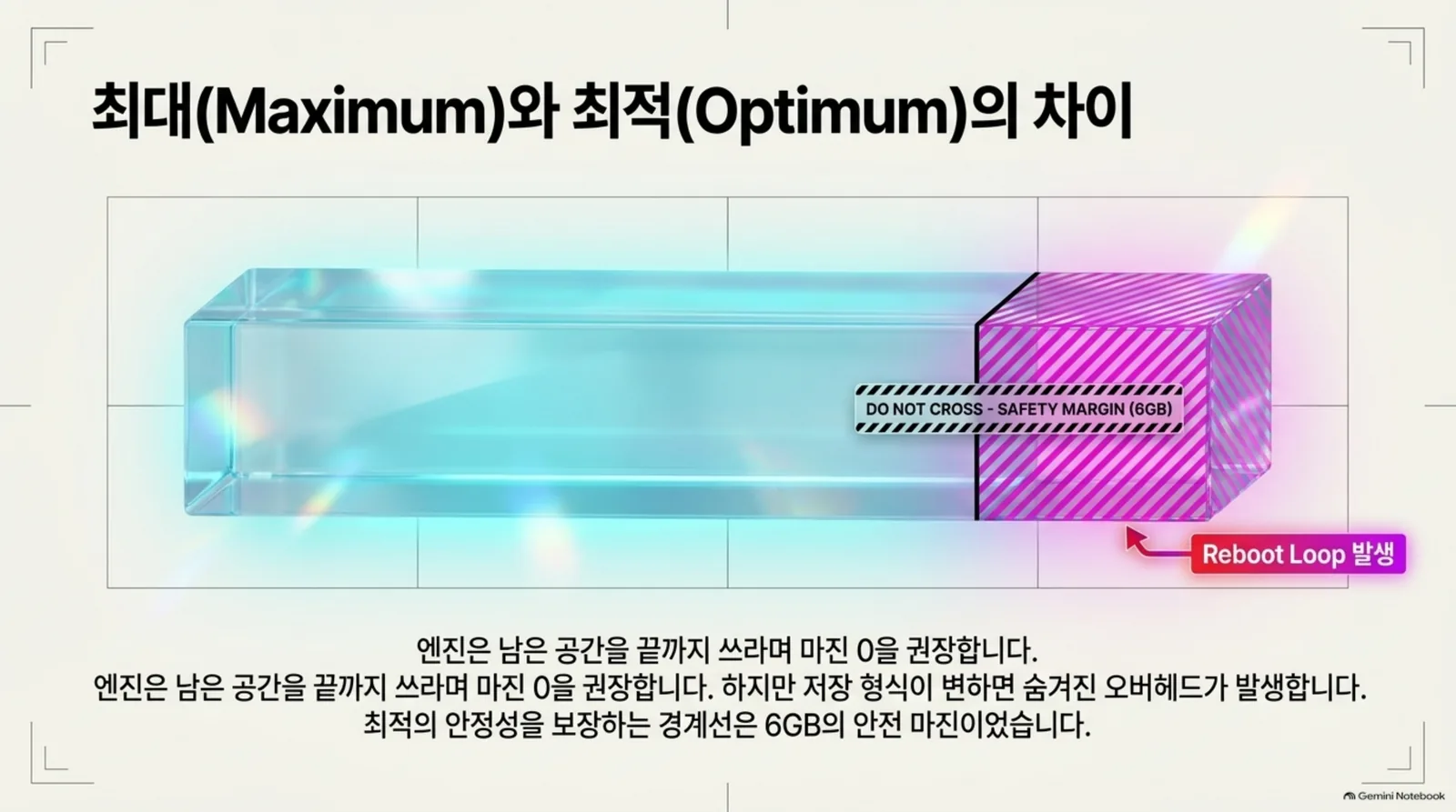 엔진이 권하는 최대치까지 쓰면 재시작이 반복되고 6기가바이트를 남겨야 안정된다는 비교 그림