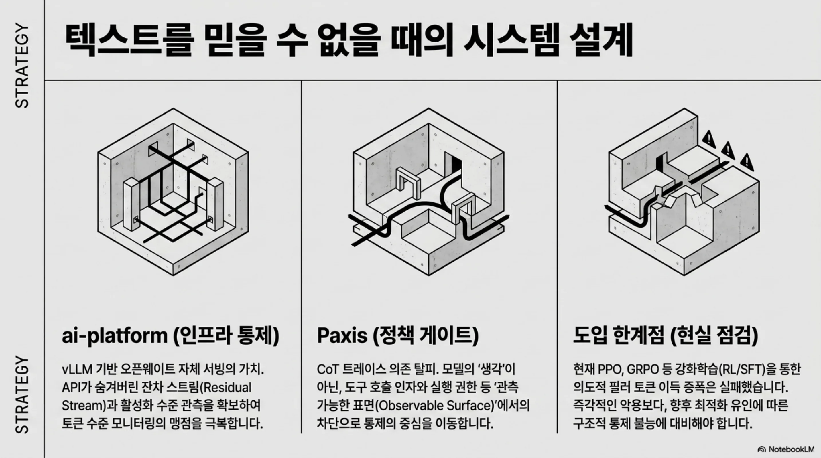ai-platform의 인프라 통제, Paxis의 정책 게이트, 그리고 도입 한계점을 나란히 정리한 슬라이드