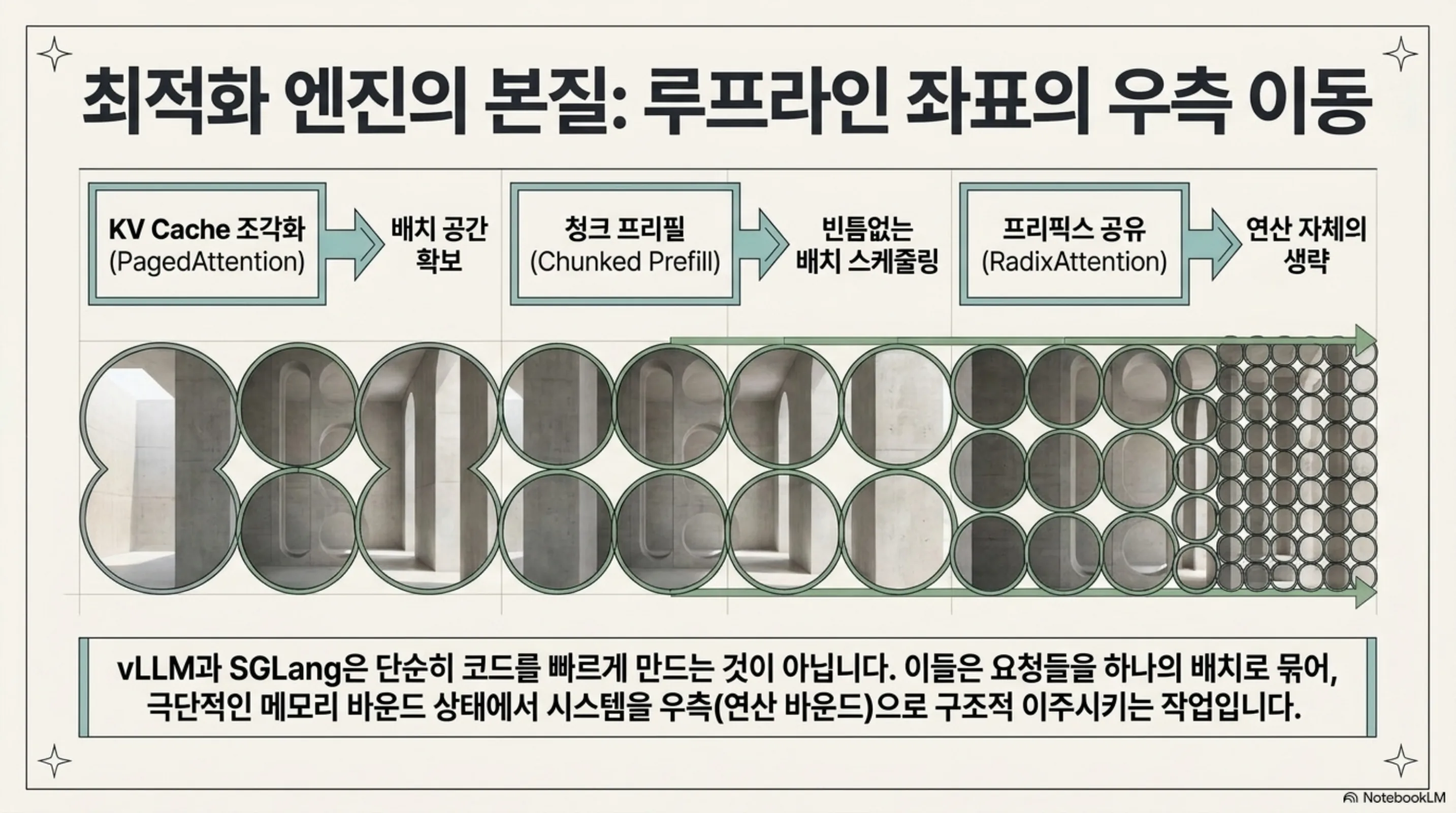 PagedAttention, 청크 프리필, RadixAttention이 각각 배치 공간 확보와 스케줄링과 연산 생략으로 이어지는 흐름을 나열한 슬라이드