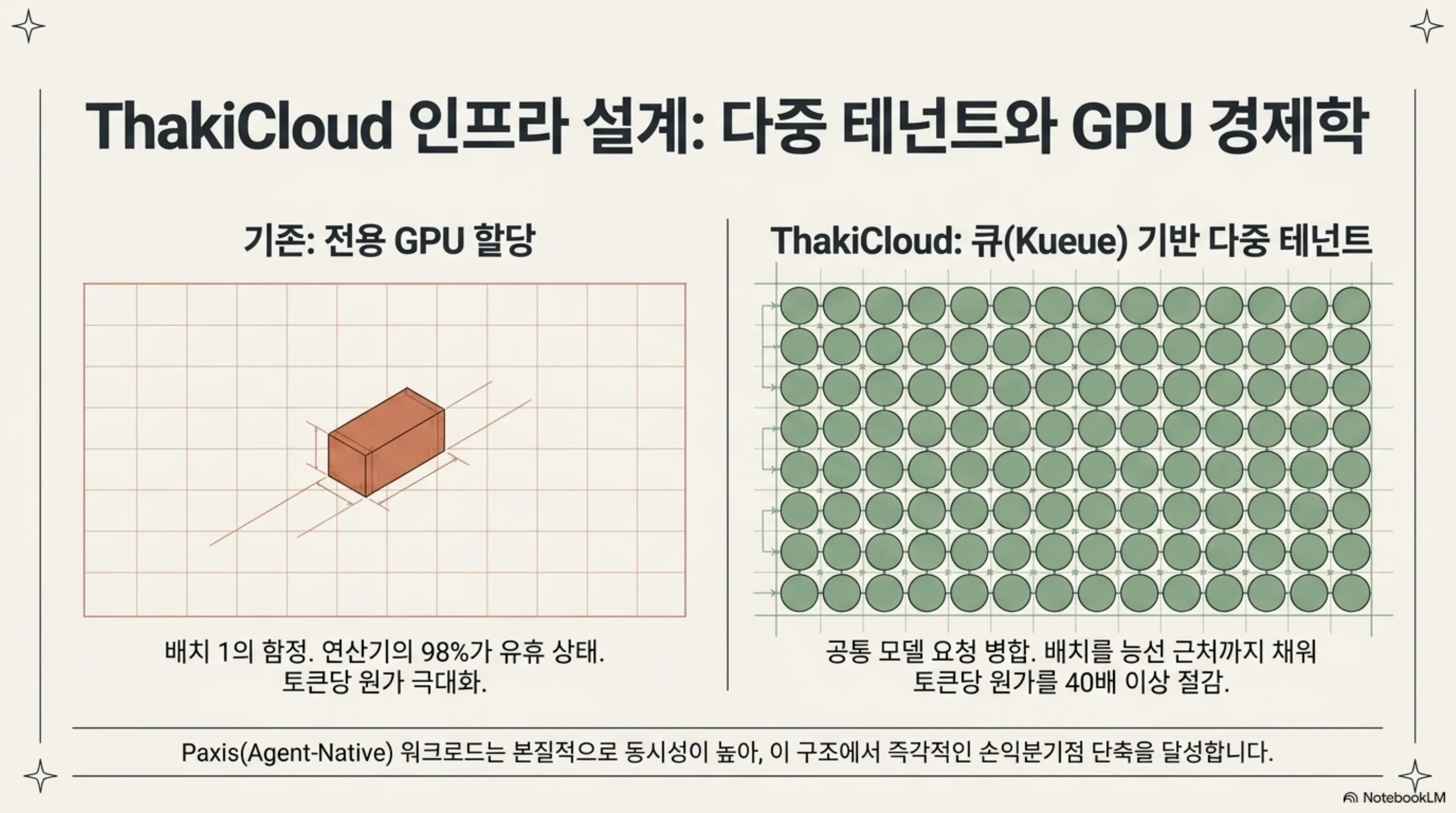 전용 GPU 할당과 큐 기반 다중 테넌트를 좌우로 대비해 배치 채우기가 토큰당 원가를 낮추는 구조를 보여 주는 슬라이드