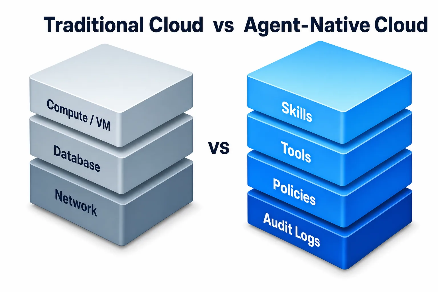 Traditional cloud manages Compute, DB, and Network as first-class resources; Paxis manages Skills, Tools, Policies, and Audit Logs