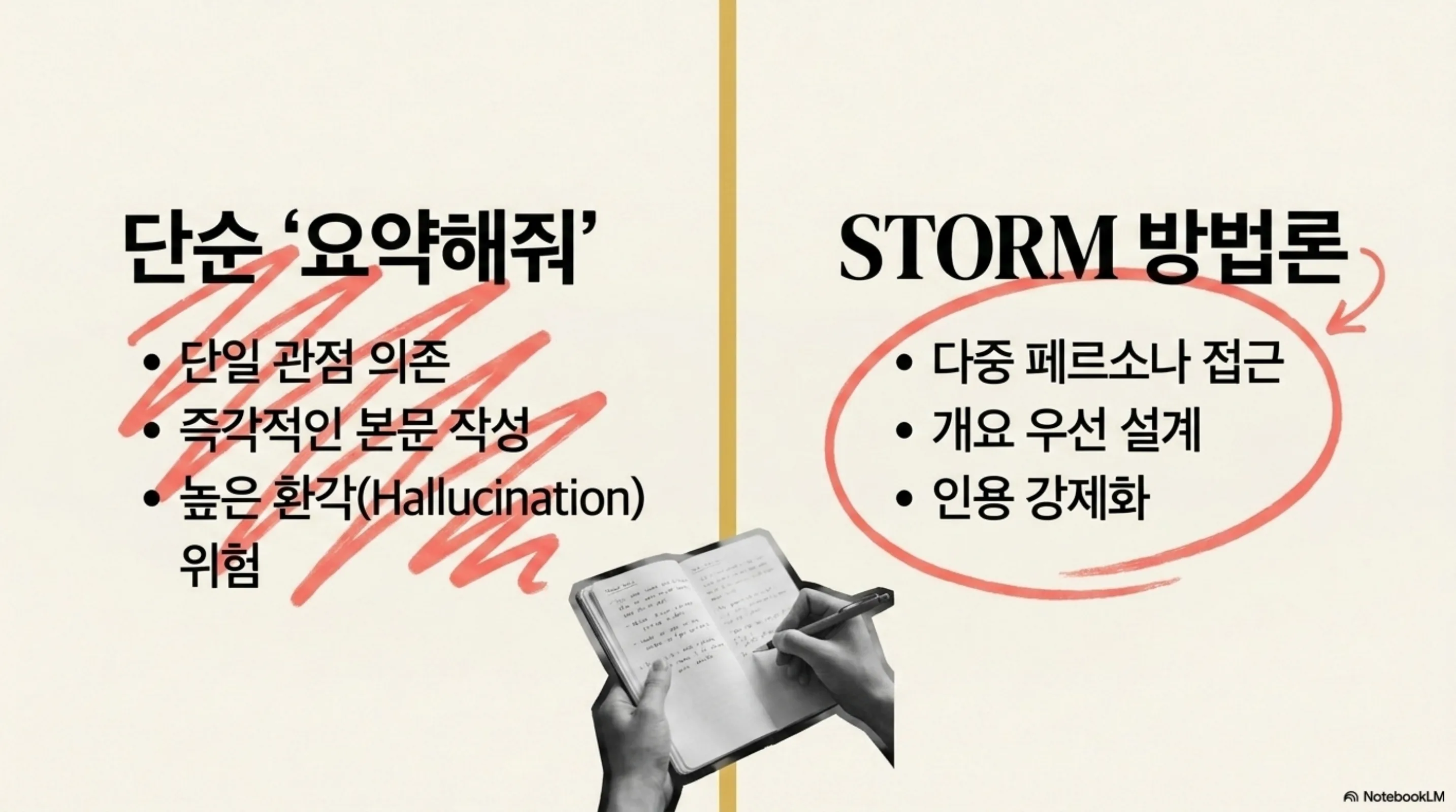 단순 요약 방식과 다중 페르소나 및 개요 설계를 강조하는 STORM 방법론을 비교한 인포그래픽