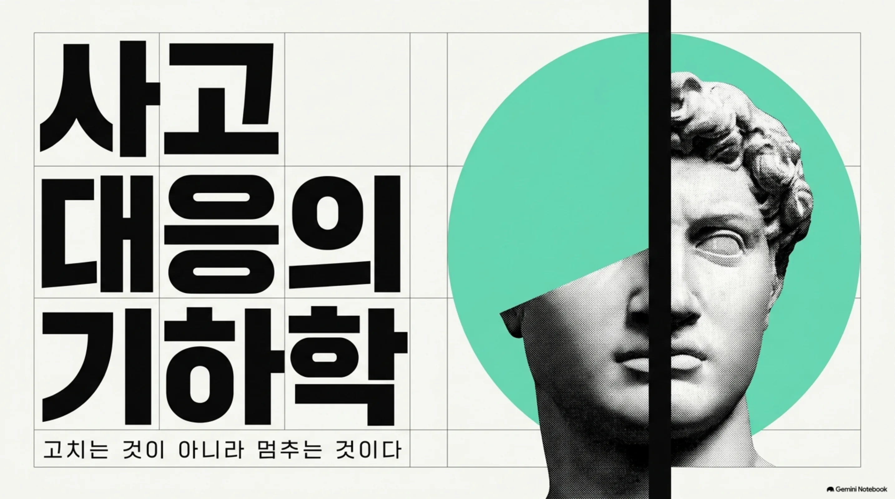 사고 대응의 기하학 문구와 조각상 얼굴 및 원형 그래픽이 배치된 슬라이드